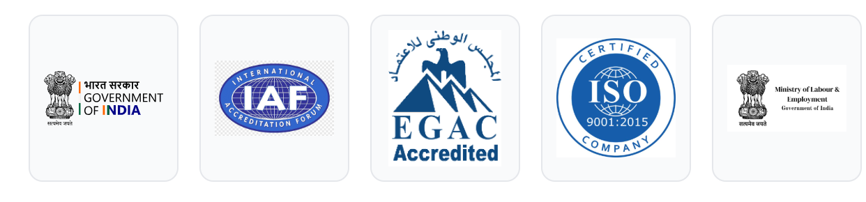 Insperion accreditations: Government of India, IAF, EGAC, ISO 9001:2015, and Ministry of Labour & Employment